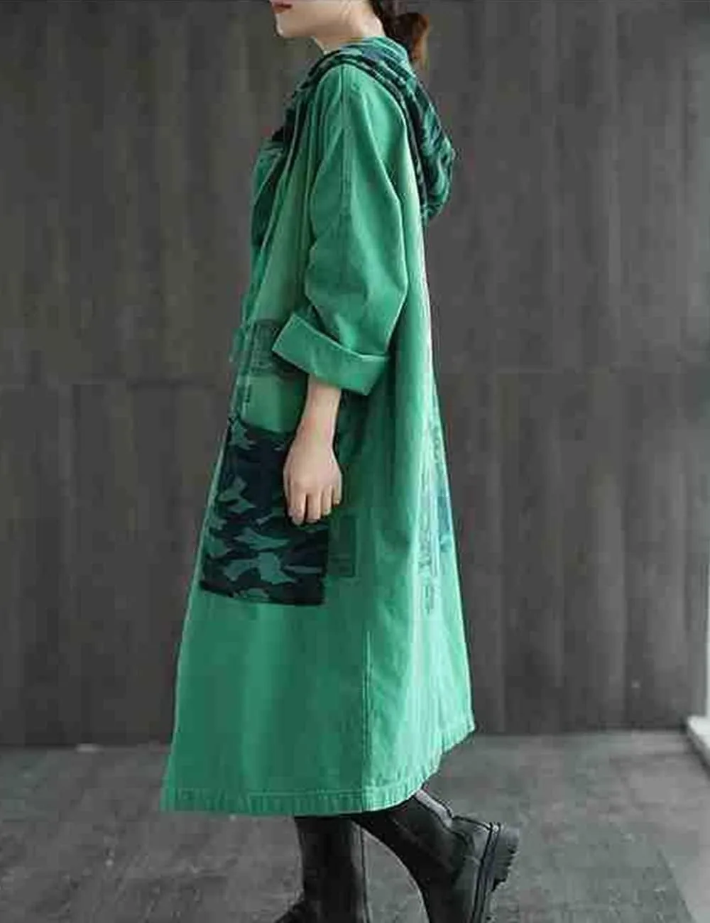 Women Fashion Oversized Distressed Denim Trench Jacket Coat Casual Ethnic Printed Fall Winter Hooded Outerwear