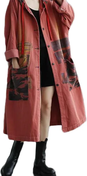 Women Fashion Oversized Distressed Denim Trench Jacket Coat Casual Ethnic Printed Fall Winter Hooded Outerwear