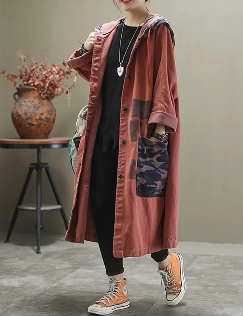 Women Fashion Oversized Distressed Denim Trench Jacket Coat Casual Ethnic Printed Fall Winter Hooded Outerwear