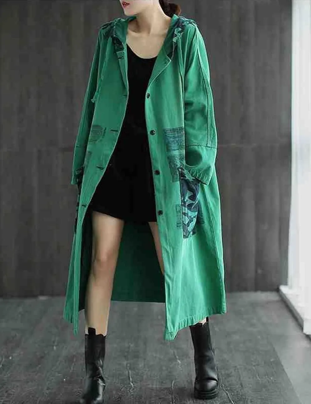 Women Fashion Oversized Distressed Denim Trench Jacket Coat Casual Ethnic Printed Fall Winter Hooded Outerwear