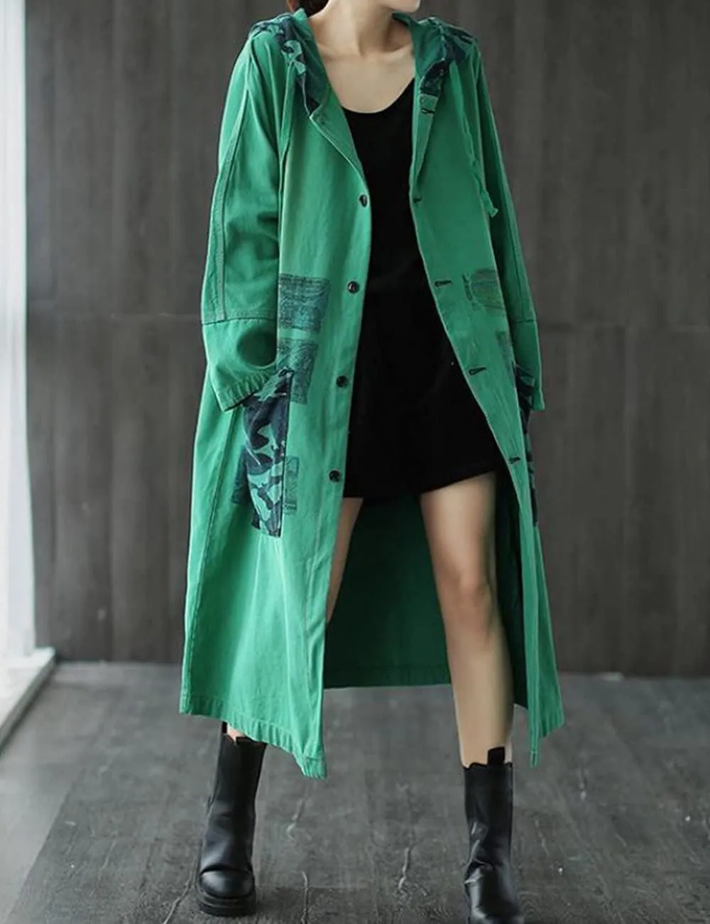 Women Fashion Oversized Distressed Denim Trench Jacket Coat Casual Ethnic Printed Fall Winter Hooded Outerwear