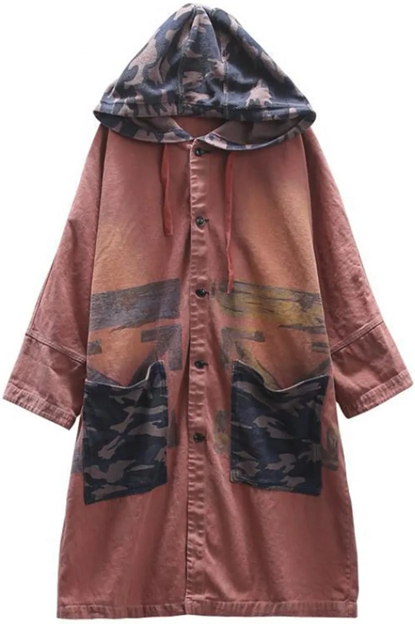 Women Fashion Oversized Distressed Denim Trench Jacket Coat Casual Ethnic Printed Fall Winter Hooded Outerwear
