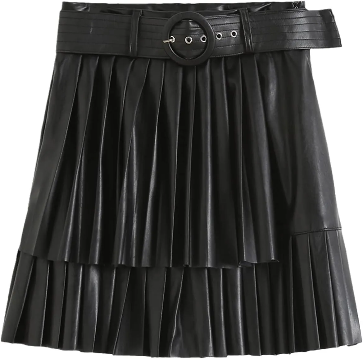 Women Fashion with Belt Faux Leather Pleated Mini Skirt Vintage High Waist Side Zipper Female Skirts