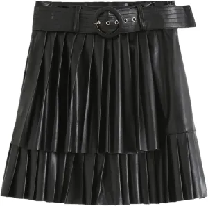 Women Fashion with Belt Faux Leather Pleated Mini Skirt Vintage High Waist Side Zipper Female Skirts