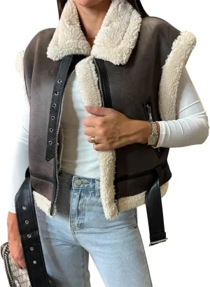 Women Faux Suede Fur Trim Jacket Vest Warm Winter Fleece Sherpa Lined Sleeveless Coat with Pockets Outerwear