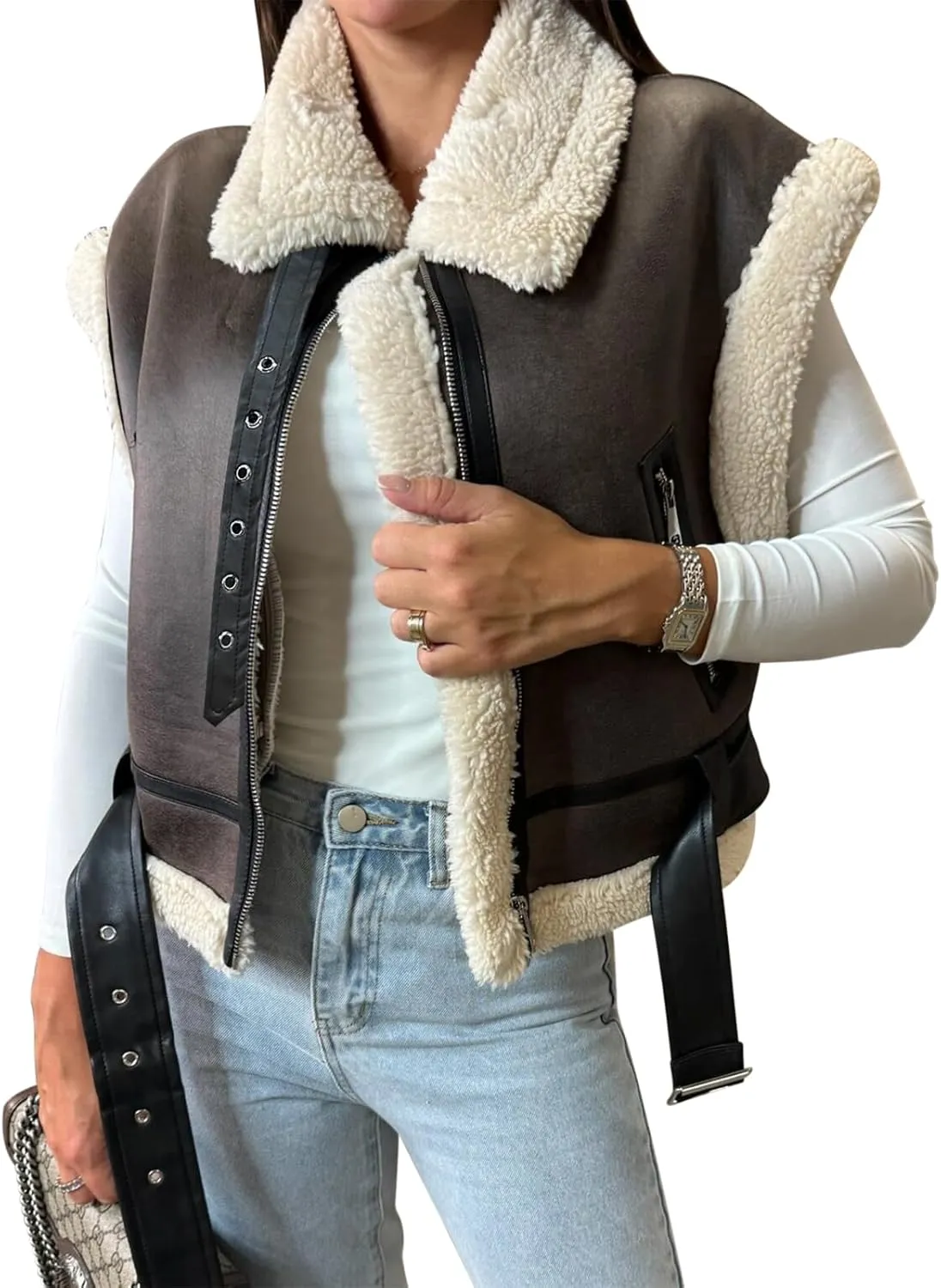 Women Faux Suede Fur Trim Jacket Vest Warm Winter Fleece Sherpa Lined Sleeveless Coat with Pockets Outerwear
