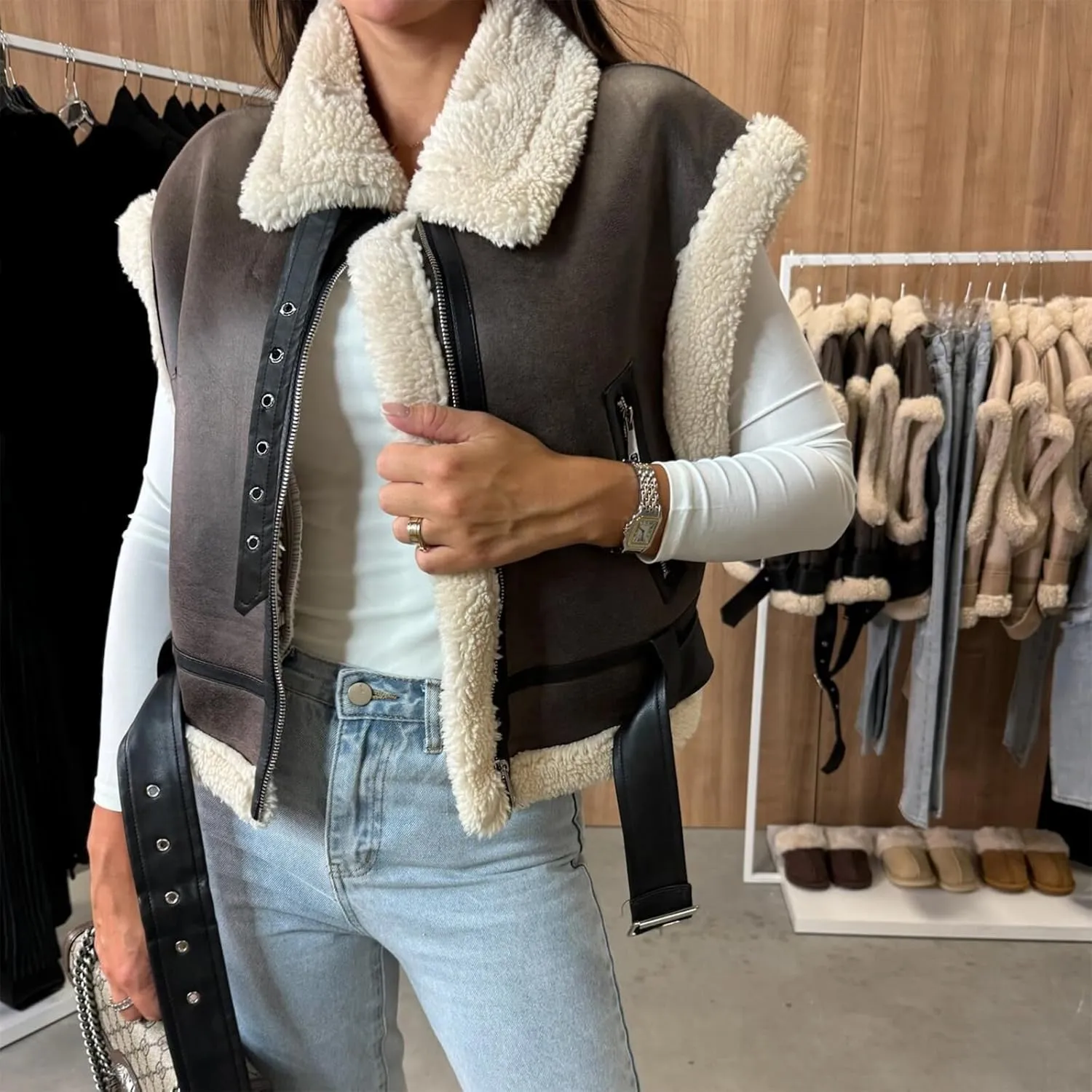 Women Faux Suede Fur Trim Jacket Vest Warm Winter Fleece Sherpa Lined Sleeveless Coat with Pockets Outerwear