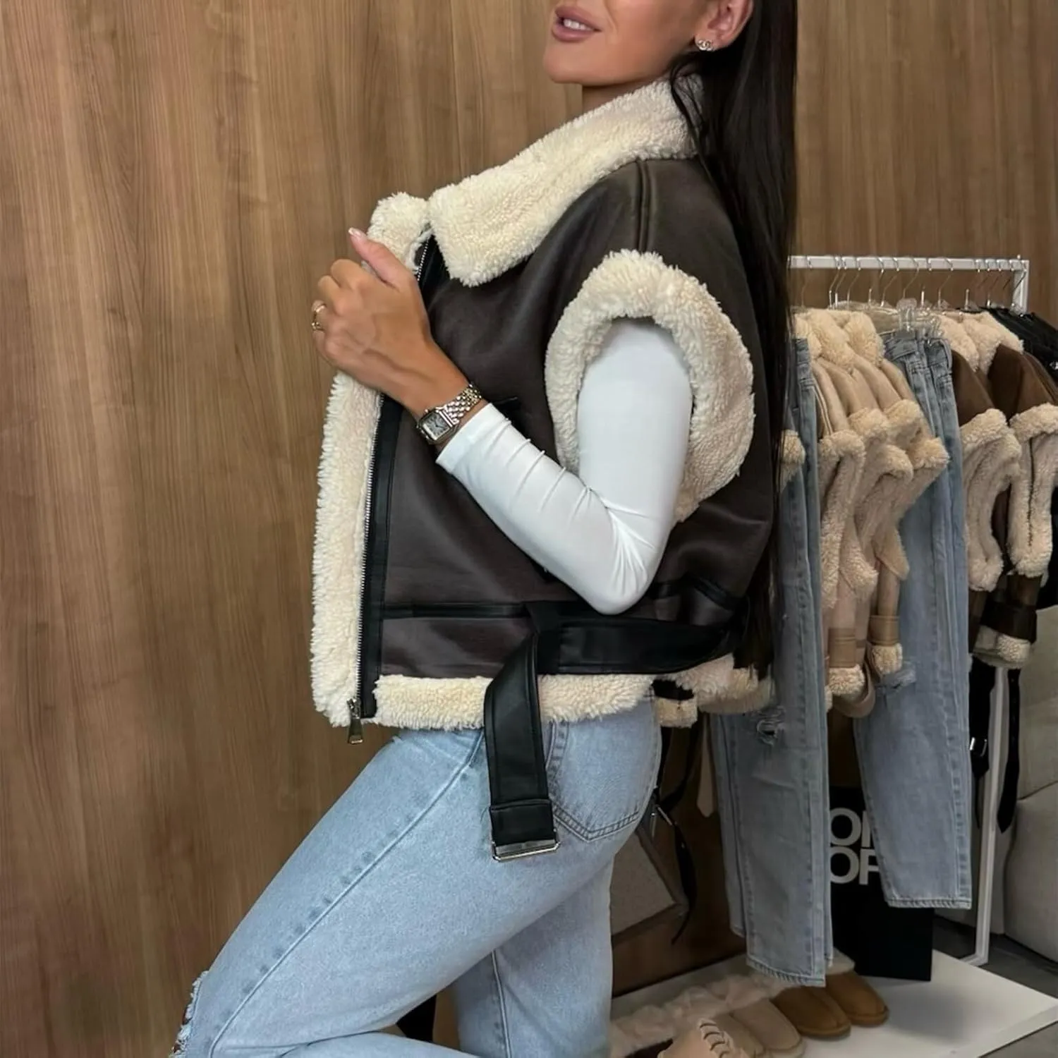 Women Faux Suede Fur Trim Jacket Vest Warm Winter Fleece Sherpa Lined Sleeveless Coat with Pockets Outerwear