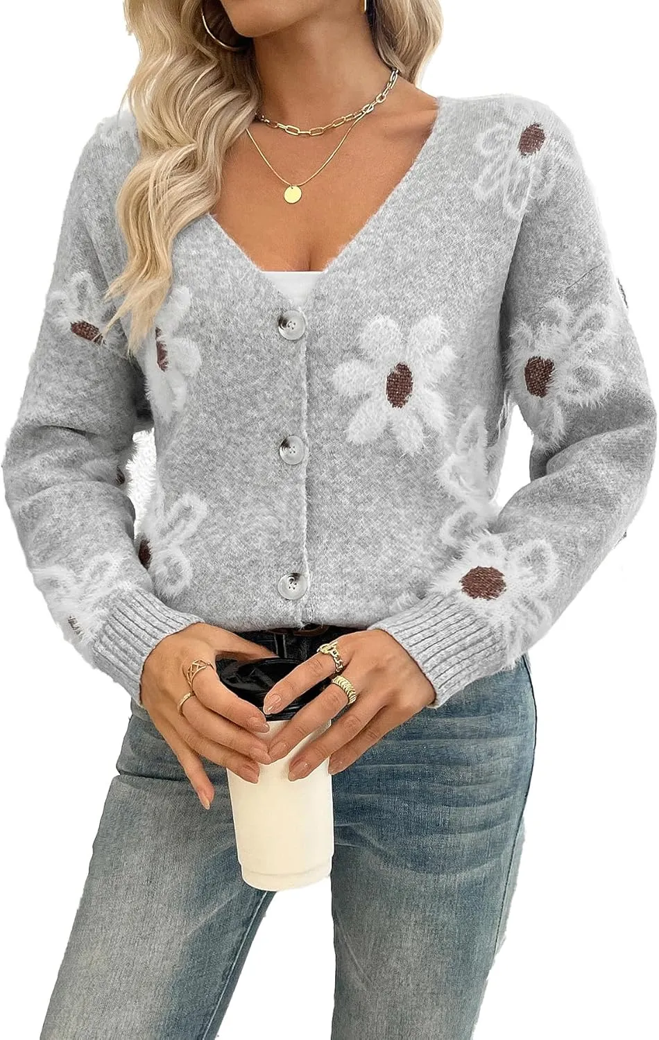 Women Floral Print Cardigan Long Sleeve Button Down V Neck Drop Shoulder Knit Cute Outerwear Sweater
