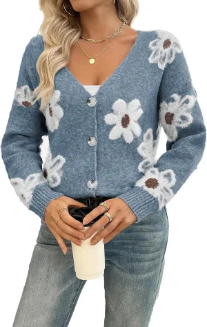 Women Floral Print Cardigan Long Sleeve Button Down V Neck Drop Shoulder Knit Cute Outerwear Sweater