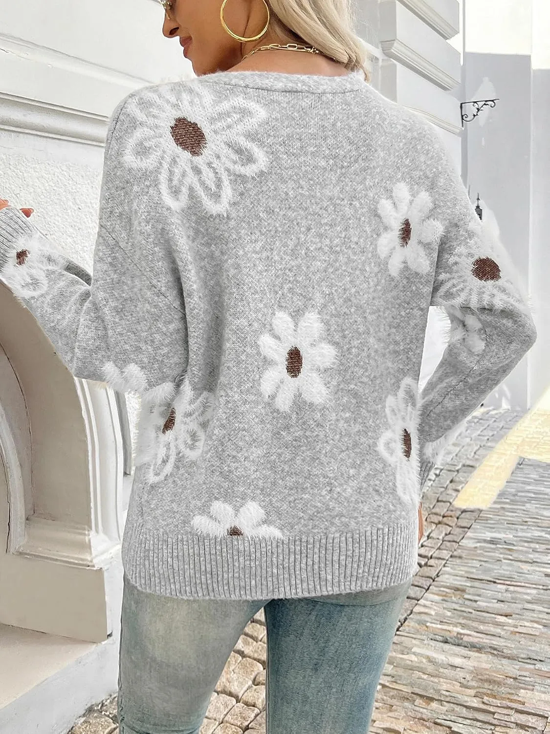 Women Floral Print Cardigan Long Sleeve Button Down V Neck Drop Shoulder Knit Cute Outerwear Sweater