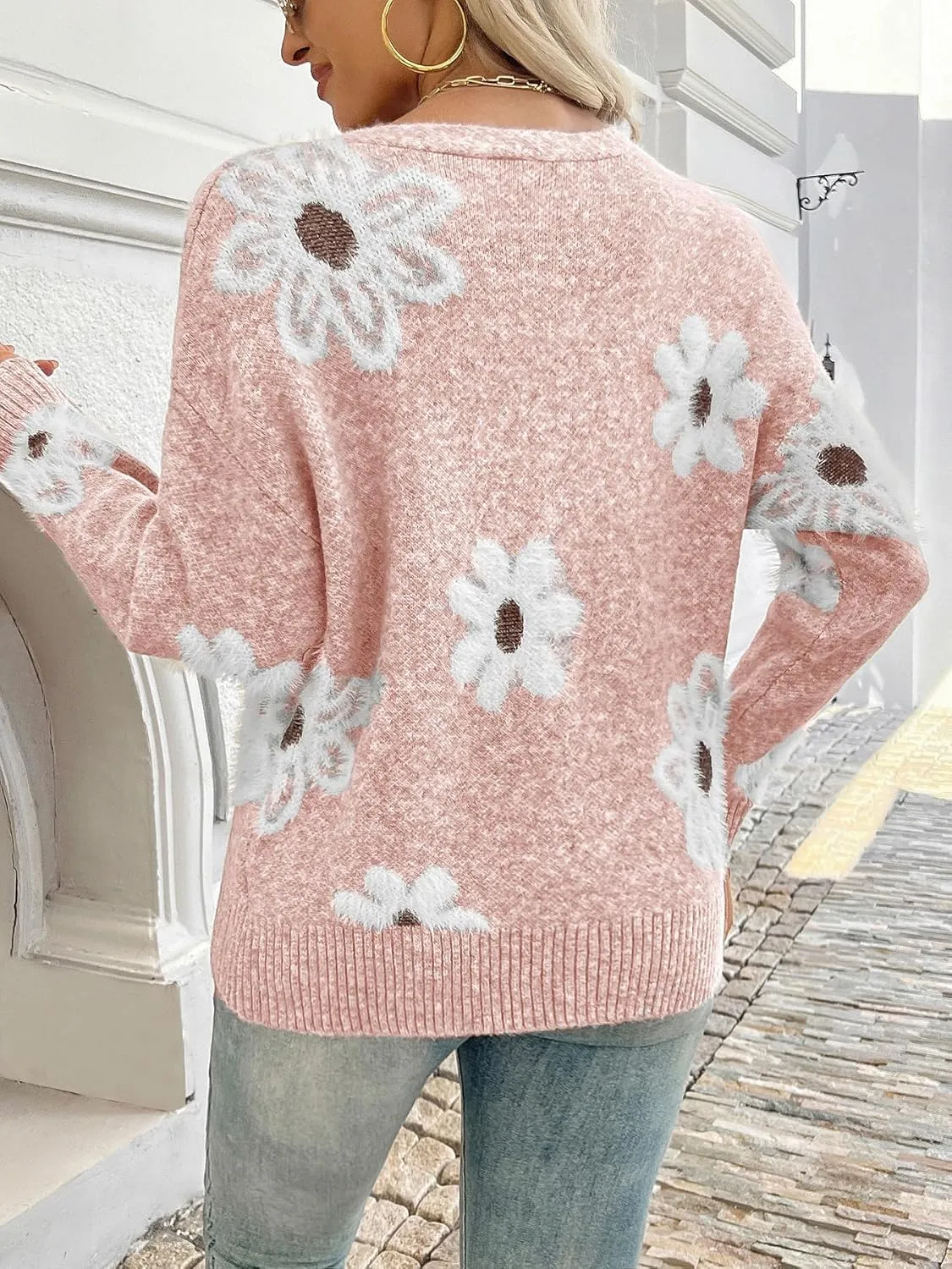Women Floral Print Cardigan Long Sleeve Button Down V Neck Drop Shoulder Knit Cute Outerwear Sweater