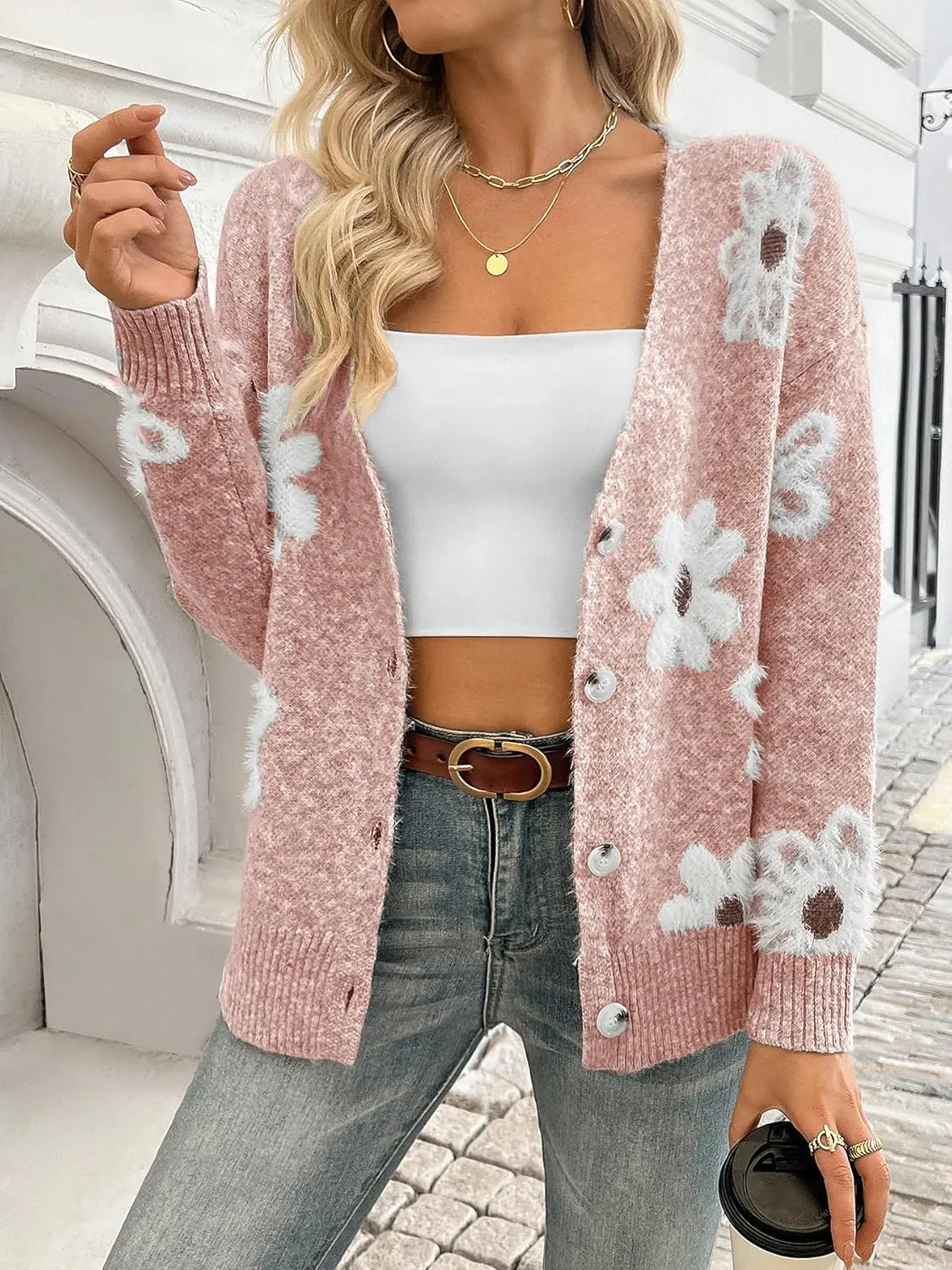 Women Floral Print Cardigan Long Sleeve Button Down V Neck Drop Shoulder Knit Cute Outerwear Sweater
