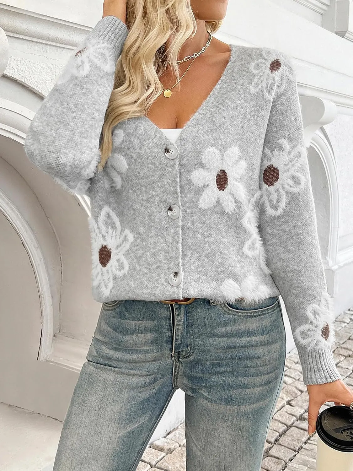 Women Floral Print Cardigan Long Sleeve Button Down V Neck Drop Shoulder Knit Cute Outerwear Sweater