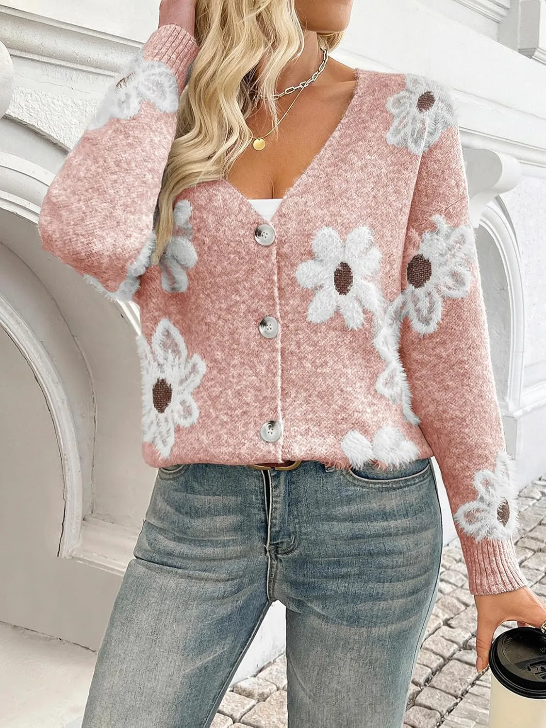 Women Floral Print Cardigan Long Sleeve Button Down V Neck Drop Shoulder Knit Cute Outerwear Sweater