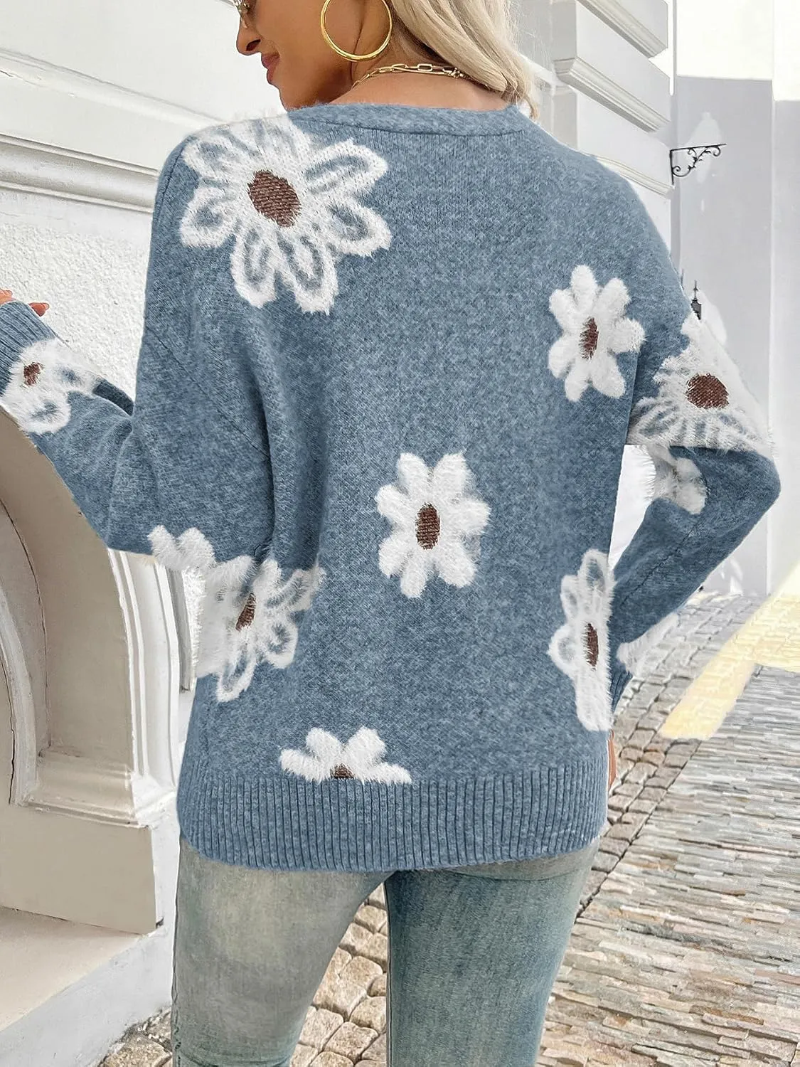 Women Floral Print Cardigan Long Sleeve Button Down V Neck Drop Shoulder Knit Cute Outerwear Sweater