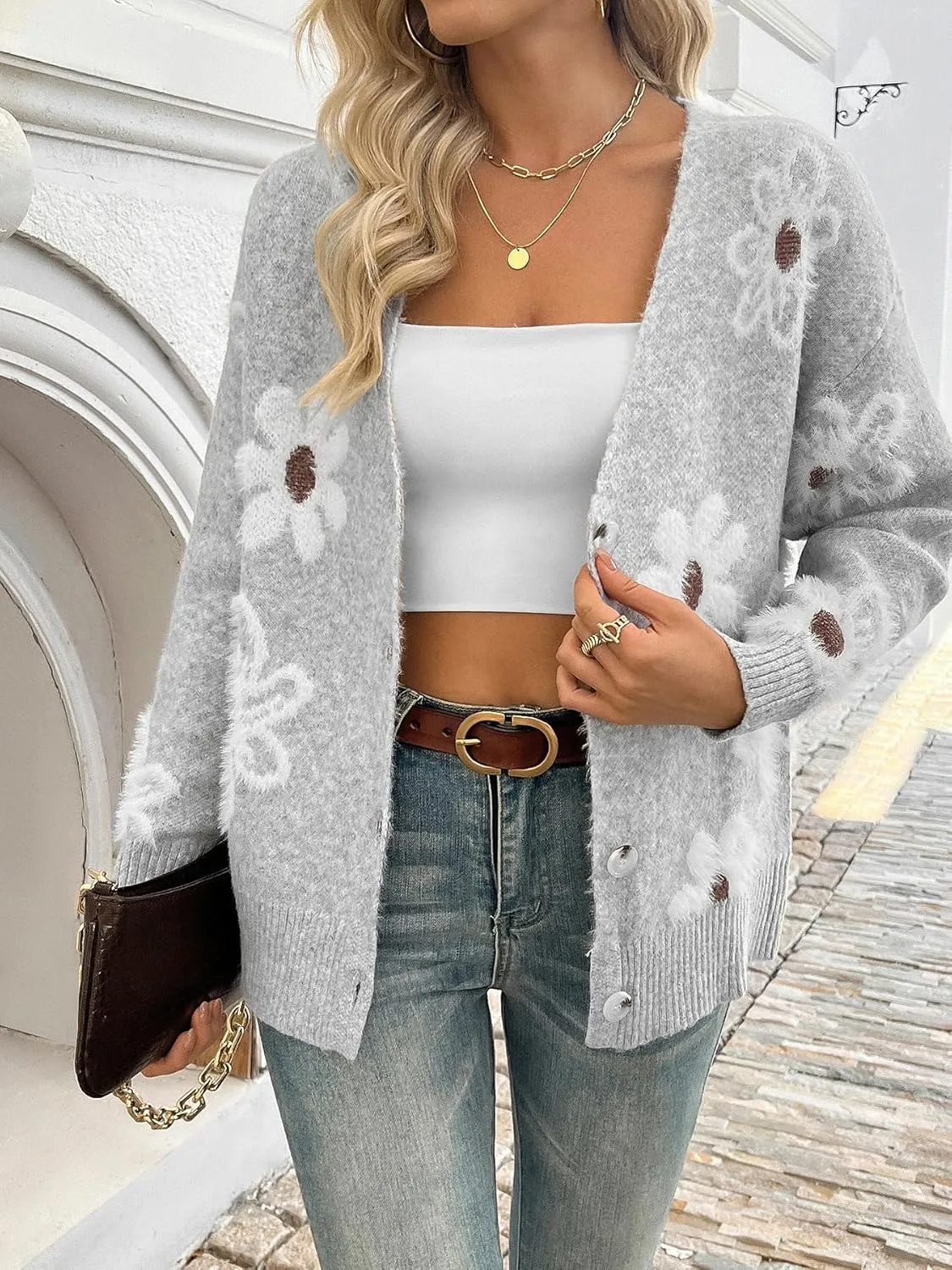 Women Floral Print Cardigan Long Sleeve Button Down V Neck Drop Shoulder Knit Cute Outerwear Sweater
