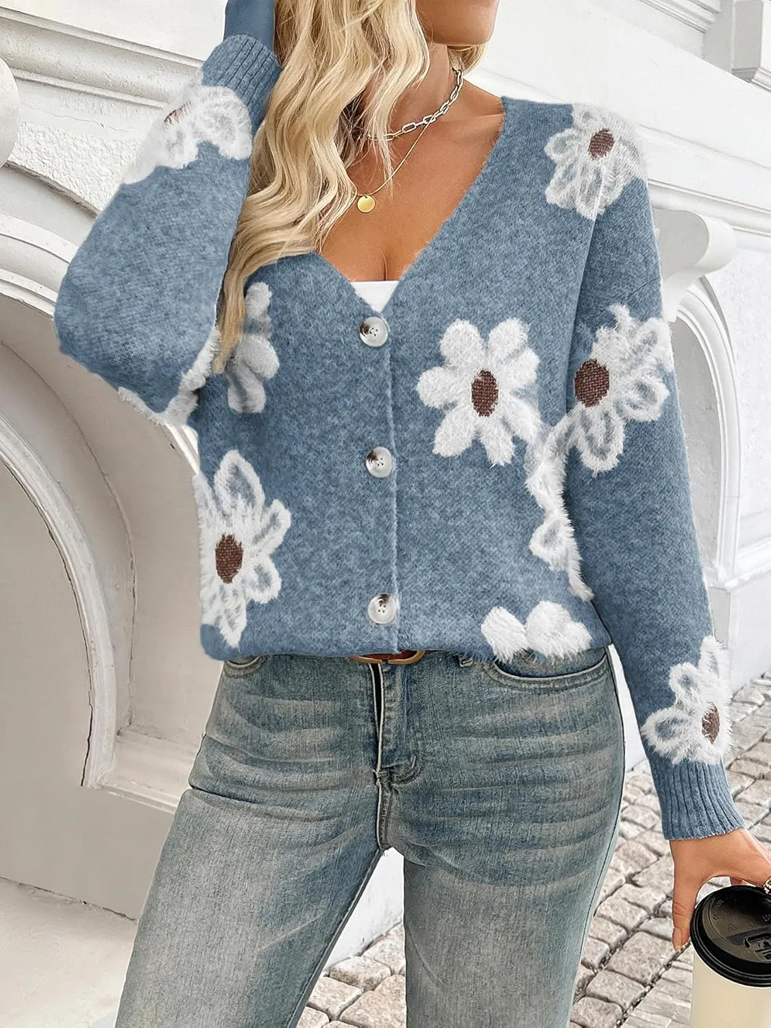 Women Floral Print Cardigan Long Sleeve Button Down V Neck Drop Shoulder Knit Cute Outerwear Sweater