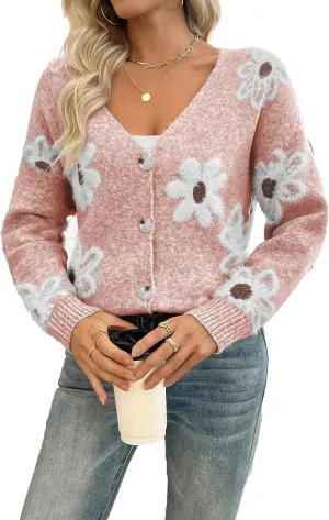 Women Floral Print Cardigan Long Sleeve Button Down V Neck Drop Shoulder Knit Cute Outerwear Sweater