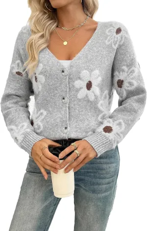 Women Floral Print Cardigan Long Sleeve Button Down V Neck Drop Shoulder Knit Cute Outerwear Sweater