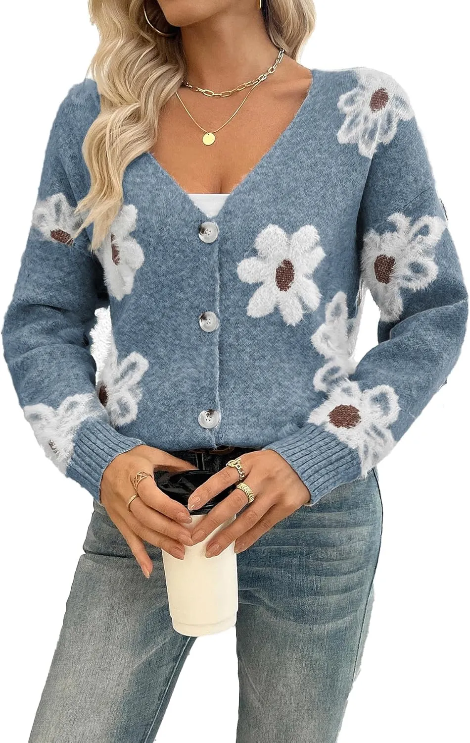 Women Floral Print Cardigan Long Sleeve Button Down V Neck Drop Shoulder Knit Cute Outerwear Sweater