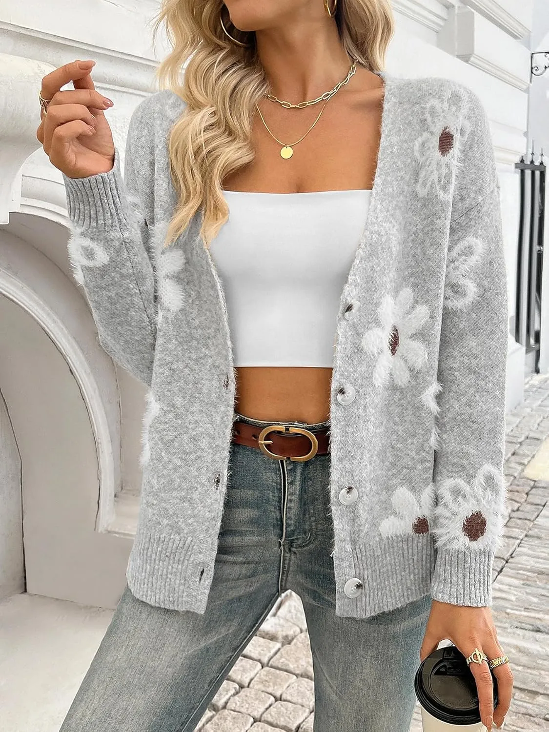 Women Floral Print Cardigan Long Sleeve Button Down V Neck Drop Shoulder Knit Cute Outerwear Sweater