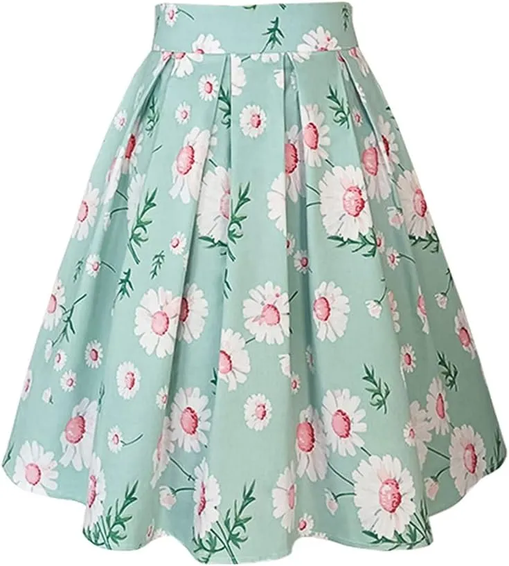 Women Gothic Floral Printed Pleated Skirt Summer High Waist Korean Harajuku Japanese Pinup Retro Vintage Midi Skirts Green Daisy N M