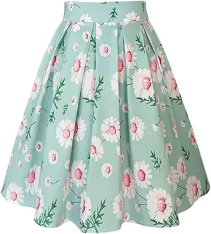 Women Gothic Floral Printed Pleated Skirt Summer High Waist Korean Harajuku Japanese Pinup Retro Vintage Midi Skirts Green Daisy N M