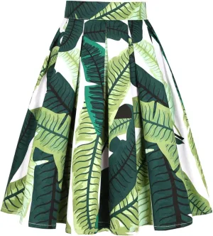 Women Gothic Floral Printed Pleated Skirt Summer High Waist Korean Harajuku Japanese Pinup Retro Vintage Midi Skirts Green Leaves N S