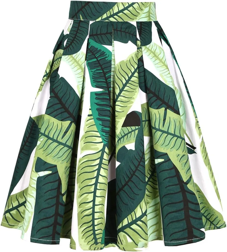 Women Gothic Floral Printed Pleated Skirt Summer High Waist Korean Harajuku Japanese Pinup Retro Vintage Midi Skirts Green Leaves N XXL
