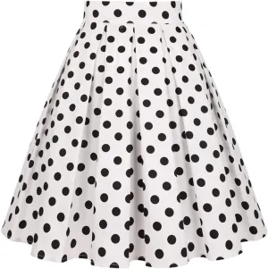 Women Gothic Floral Printed Pleated Skirt Summer High Waist Korean Harajuku Japanese Pinup Retro Vintage Midi Skirts White Dots N XXL