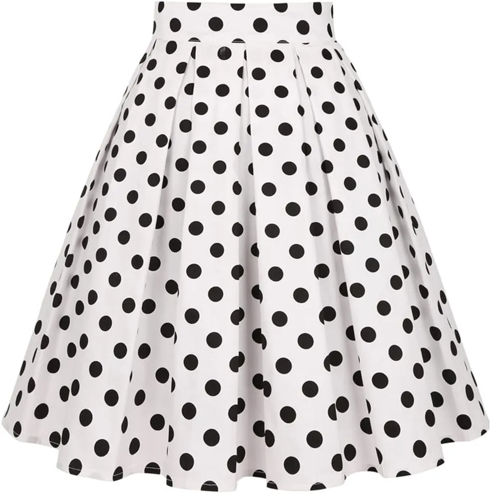Women Gothic Floral Printed Pleated Skirt Summer High Waist Korean Harajuku Japanese Pinup Retro Vintage Midi Skirts White Dots N XXL