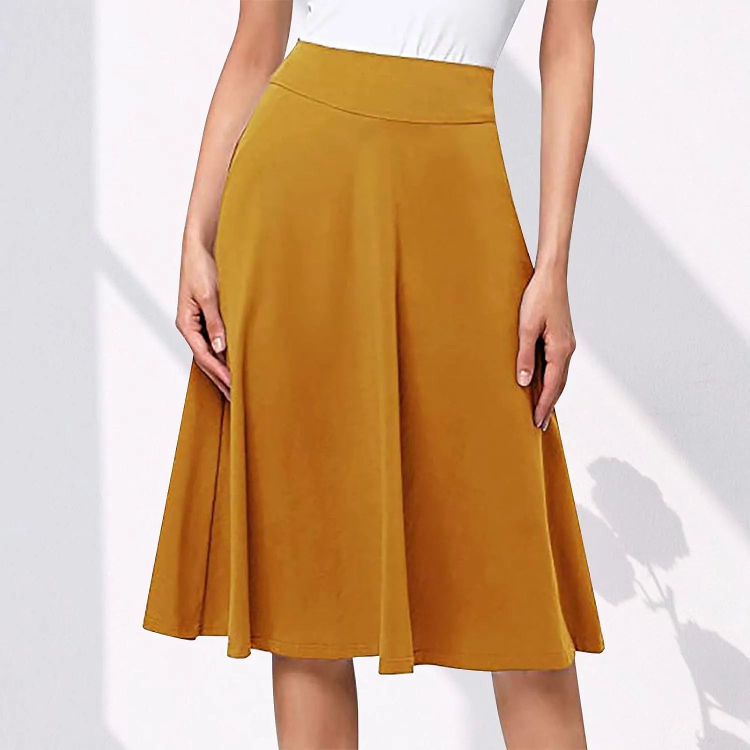 Women High Waist A-Line Skirts Summer Casual Knee Length Flowy Flared Skirts Elegant Comfy Solid Versatile Skirt