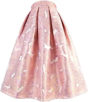 Women High Waist Print Skirt Long Pleated Mid-Calf Skirt Midi Skater Skirt A-Line Maxi Skirts