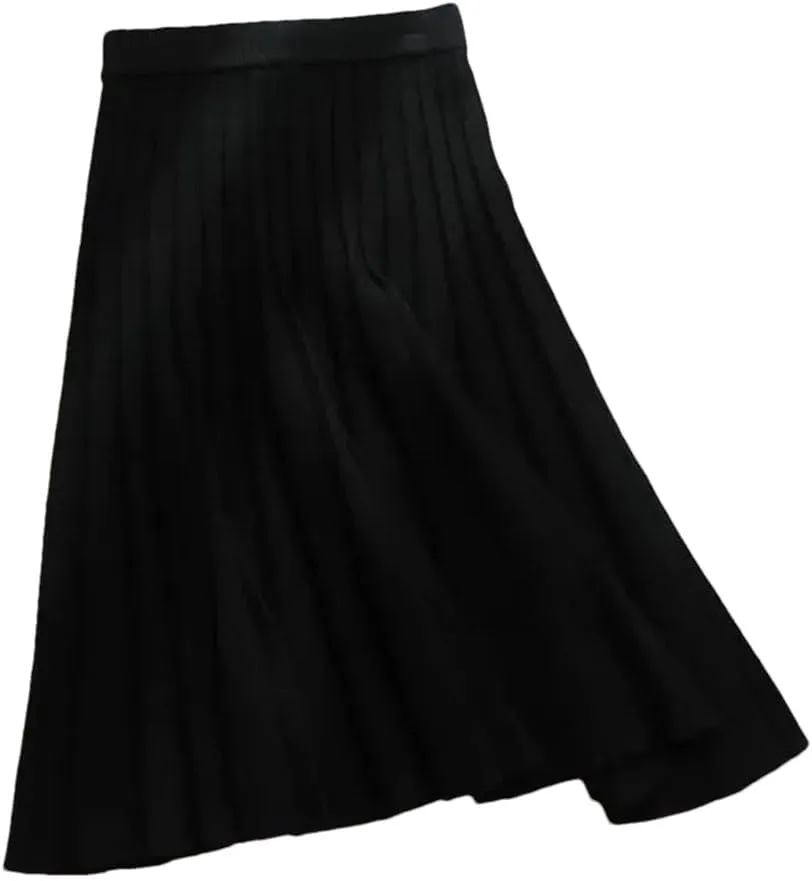 Women Knitted Midi Skirt A-Line High Waist Pleated Skirt Spring Winter Casual All Match Skirt