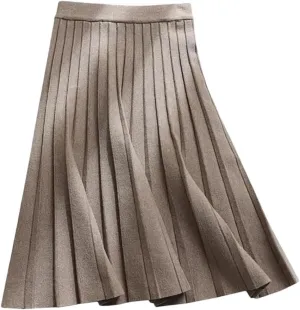 Women Knitted Midi Skirt A-Line High Waist Pleated Skirt Spring Winter Casual All Match Skirt