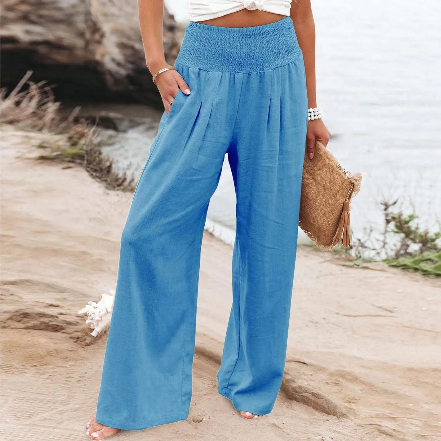 Women Linen Palazzo Pants Boho Wide Leg High Waist Casual Lounge Pant Trousers with Pockets Straight Leg Comfy Pants
