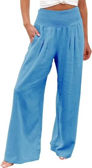 Women Linen Palazzo Pants Boho Wide Leg High Waist Casual Lounge Pant Trousers with Pockets Straight Leg Comfy Pants