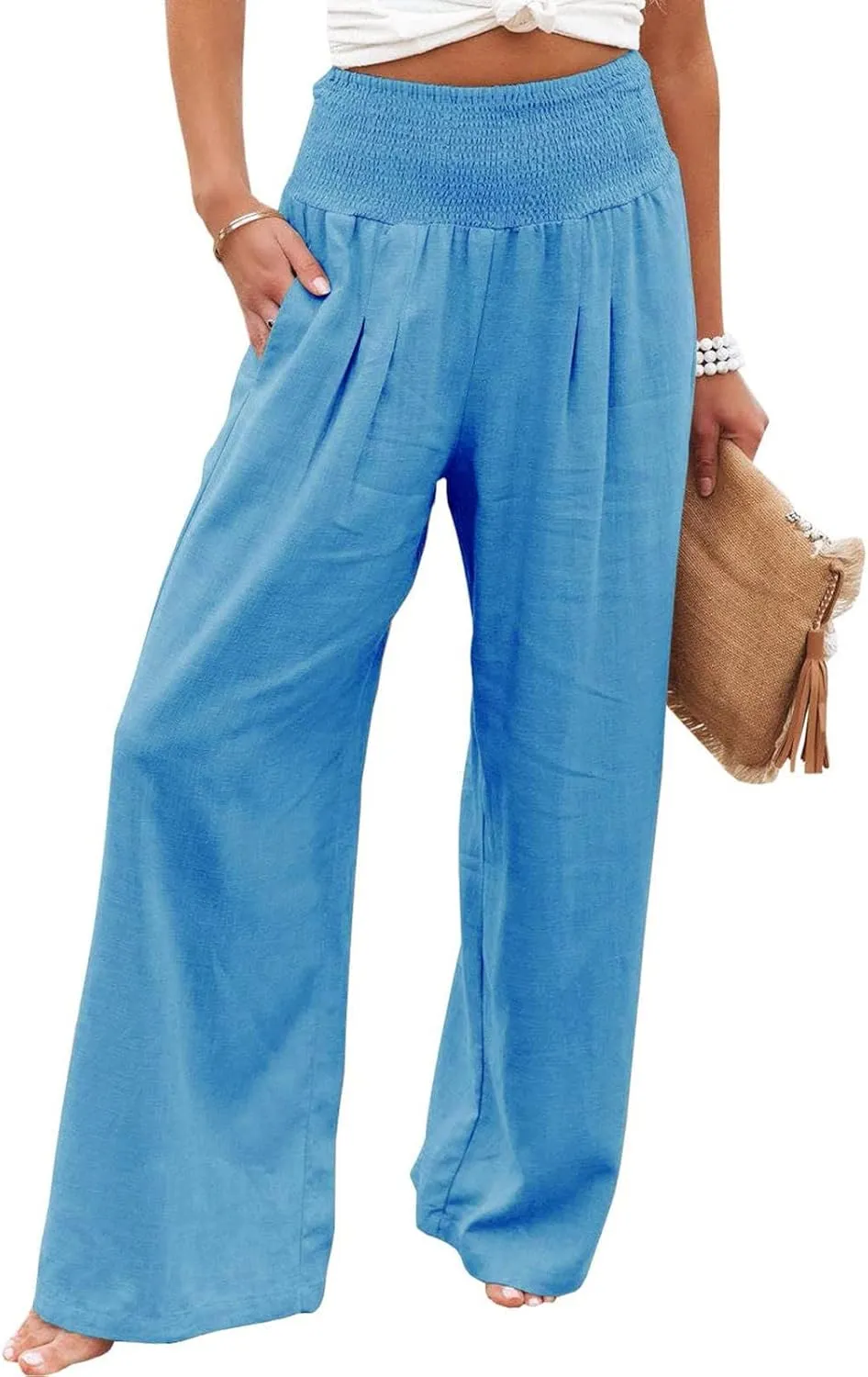 Women Linen Palazzo Pants Boho Wide Leg High Waist Casual Lounge Pant Trousers with Pockets Straight Leg Comfy Pants