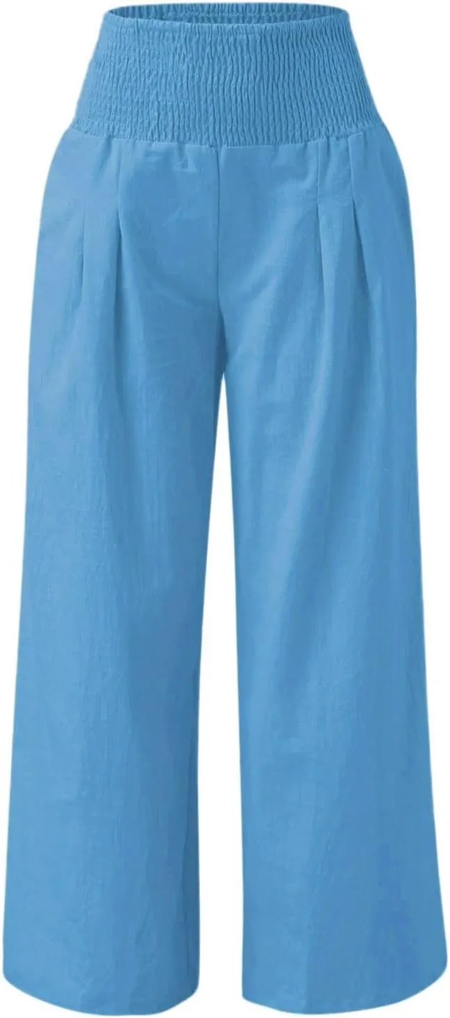 Women Linen Palazzo Pants Boho Wide Leg High Waist Casual Lounge Pant Trousers with Pockets Straight Leg Comfy Pants