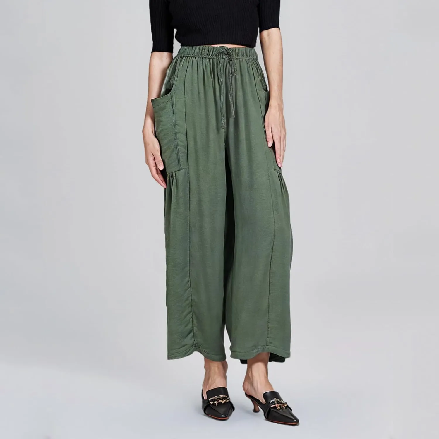 Women Linen Wide Leg Capri Pants Casual Loose Fit Lantern Trousers Drawstring Elastic Waist Palazzo Pants with Pocket