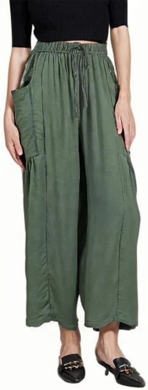 Women Linen Wide Leg Capri Pants Casual Loose Fit Lantern Trousers Drawstring Elastic Waist Palazzo Pants with Pocket