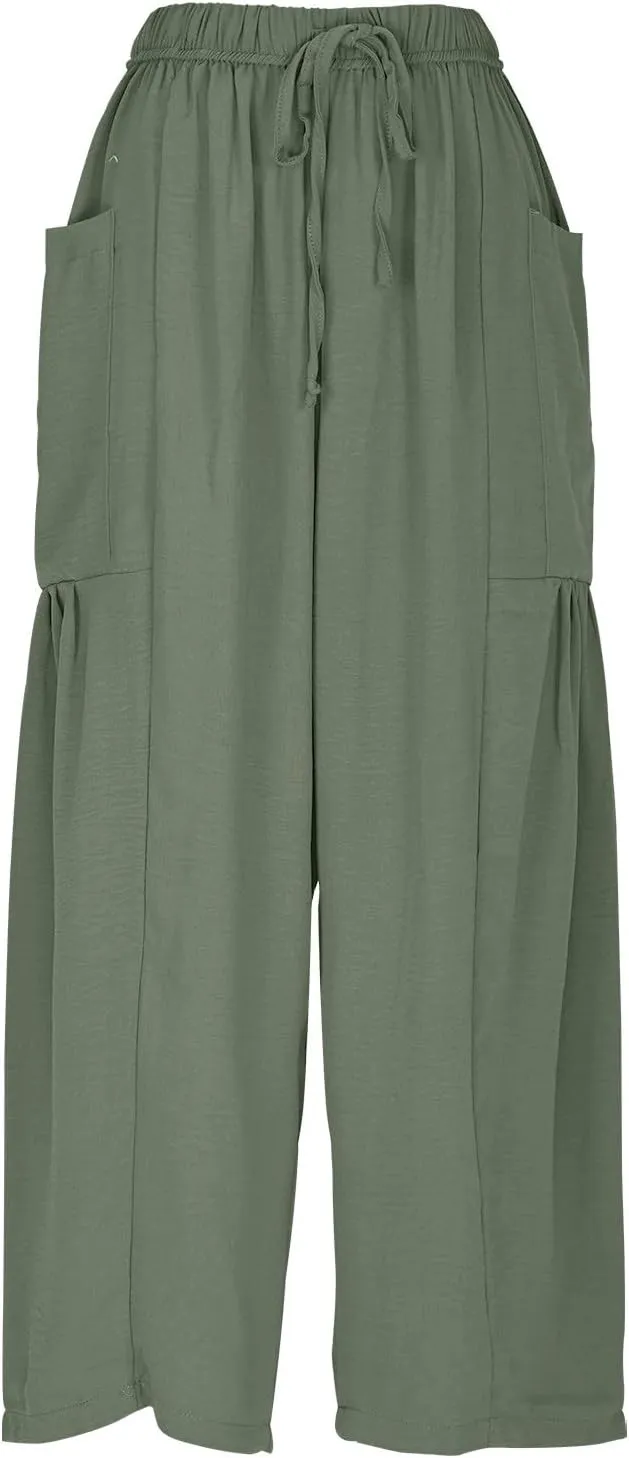 Women Linen Wide Leg Capri Pants Casual Loose Fit Lantern Trousers Drawstring Elastic Waist Palazzo Pants with Pocket