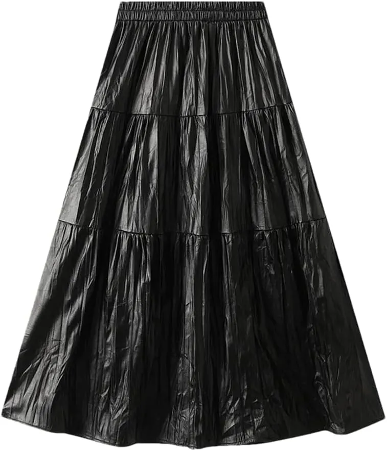 Women Long Pu Pleated Skirt Elegant High Waist Skirts Solid Vintage A-Line Pleated Skirt