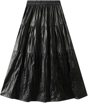 Women Long Pu Pleated Skirt Elegant High Waist Skirts Solid Vintage A-Line Pleated Skirt