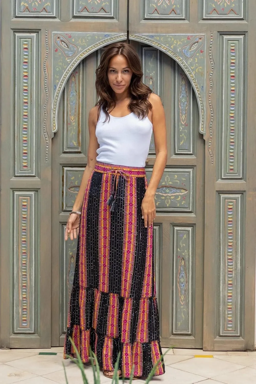 Women Long Skirt Prints High Waist Loose Pleated Ruffle Flowy Maxi Skirt Beach Vacation Outfits Boho Skirt