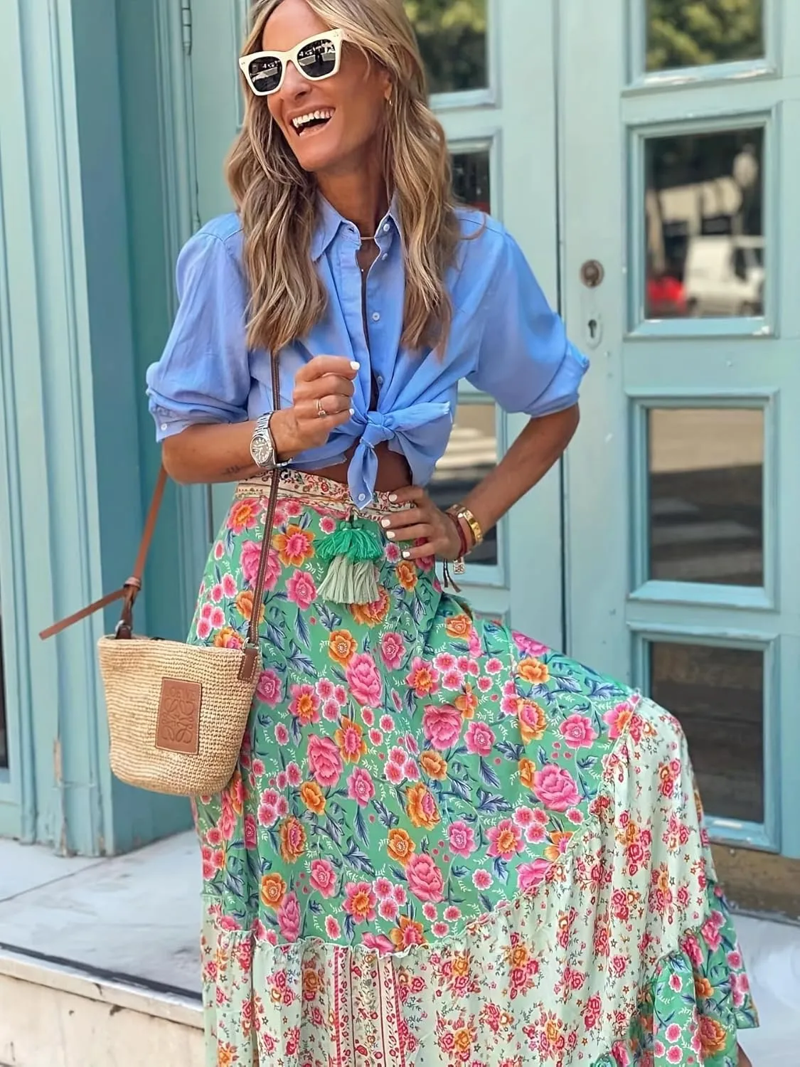 Women Long Skirt Prints High Waist Loose Pleated Ruffle Flowy Maxi Skirt Beach Vacation Outfits Boho Skirt