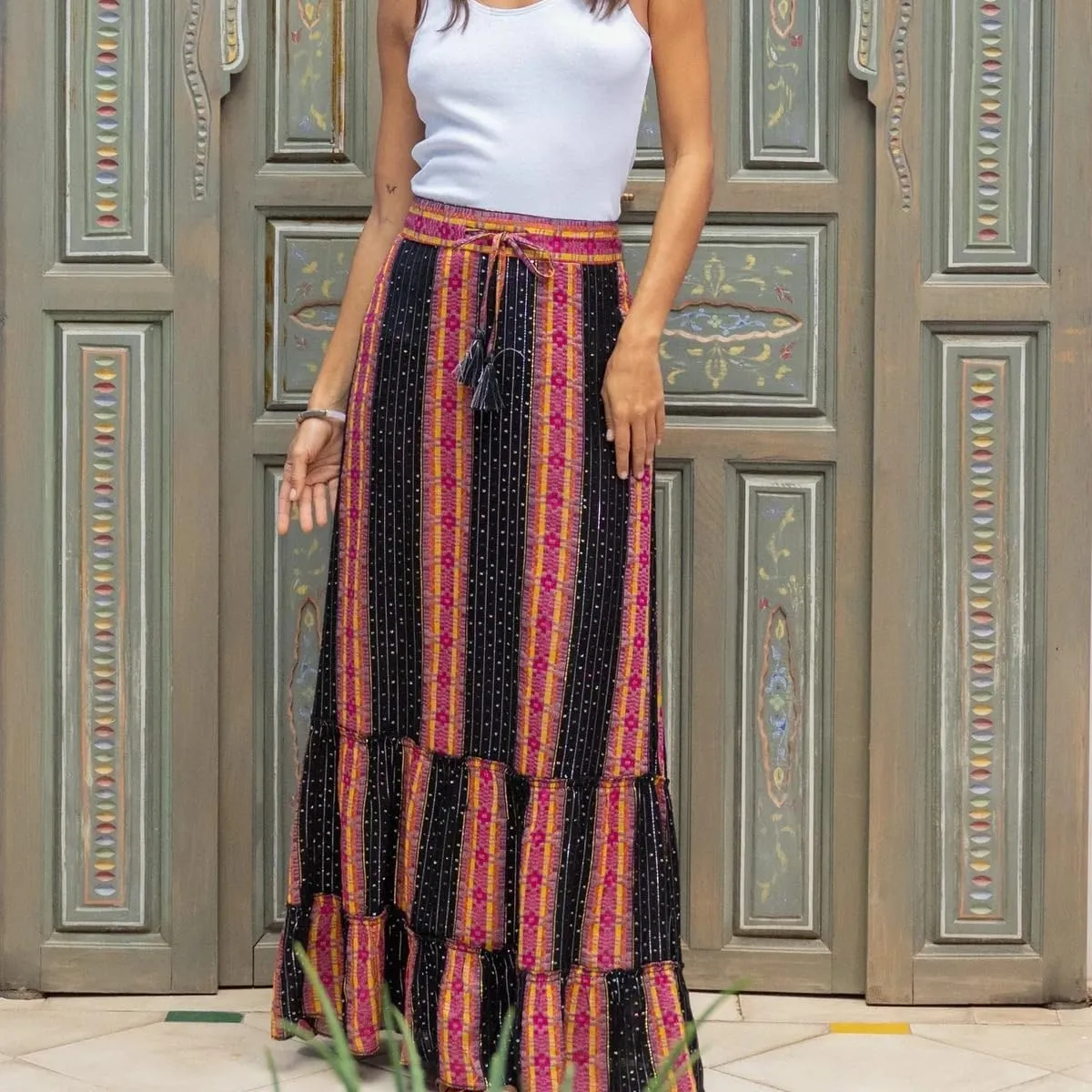 Women Long Skirt Prints High Waist Loose Pleated Ruffle Flowy Maxi Skirt Beach Vacation Outfits Boho Skirt