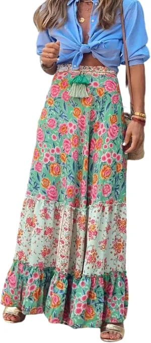 Women Long Skirt Prints High Waist Loose Pleated Ruffle Flowy Maxi Skirt Beach Vacation Outfits Boho Skirt