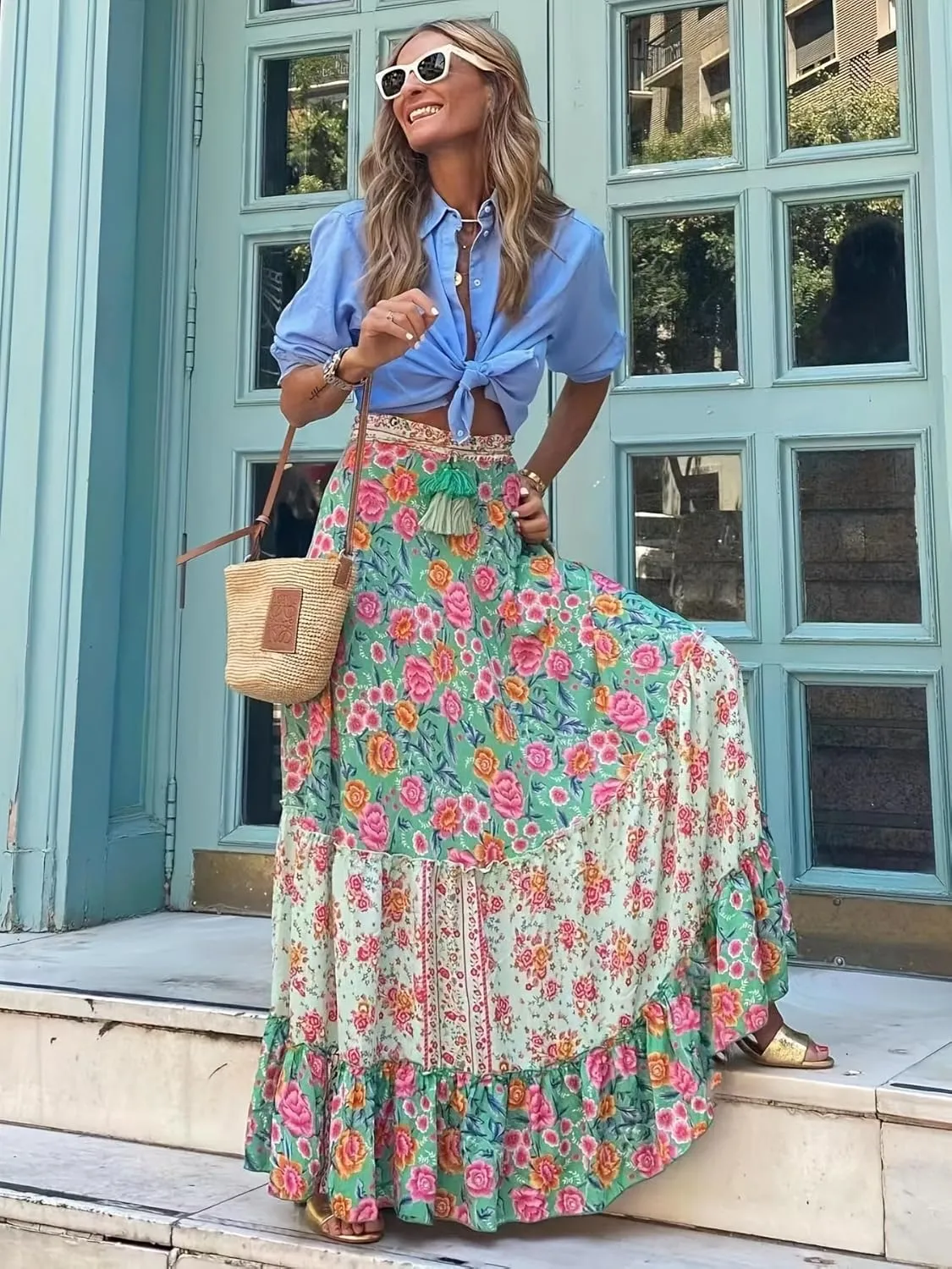 Women Long Skirt Prints High Waist Loose Pleated Ruffle Flowy Maxi Skirt Beach Vacation Outfits Boho Skirt